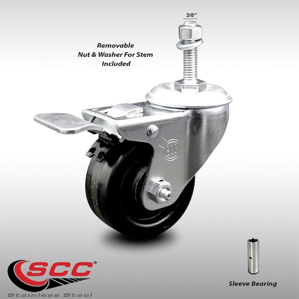 3.5 Inch SS Phenolic 3/8 Inch Threaded Stem Caster with Total Lock Brake SCC